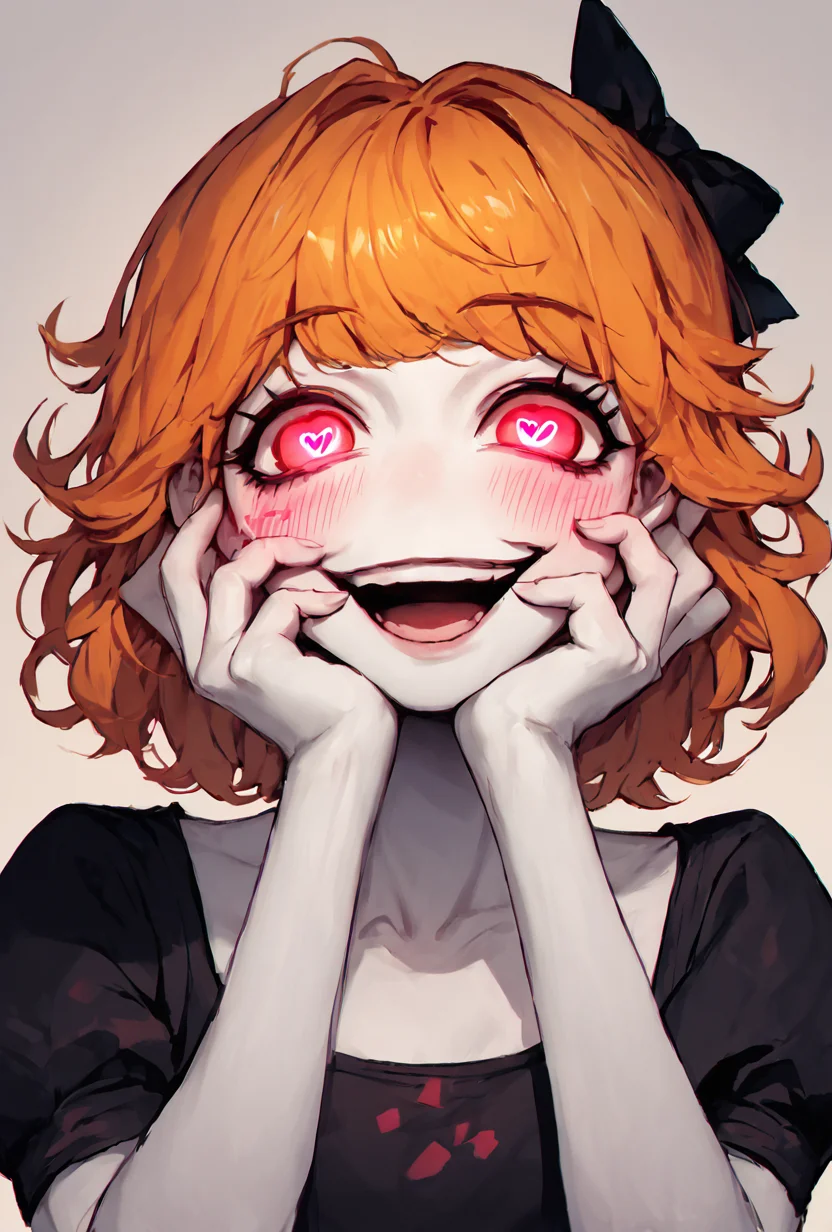 score_9, score_8_up, score_7_up, score_6_up, score_5_up, simple, looking at viewer, smiling, <lora:derpina-10:1> derpina, 1girl, short hair, hair bow, medium hair, orange hair, black dress,, white skin,, <lora:yandere-trance-ponyxl-lora-nochekaiser:1> yandere trance, yandere, hands on own cheeks, hands on own face, crazy eyes, crazy smile, crazy, heart-shaped pupils, glowing eyes, symbol-shaped pupils, hand on own face, open mouth, glowing, blush, looking at viewer