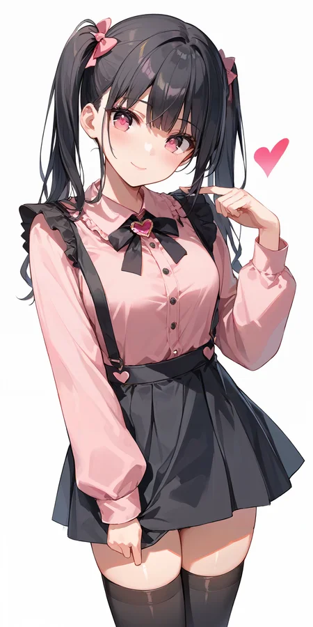 score_9, score_8_up, score_7_up,source_anime, high res image,masterpiece,best quality,girl,cute face,clear skin,shiny hair,ultra detailed eyes,simple background, <lora:jirai kei_pony_V1.0:1> jirai kei, black hair, bow, frills,twintails,pink shirt,black suspenders skirt,thighhighs,black panties,make up,heart