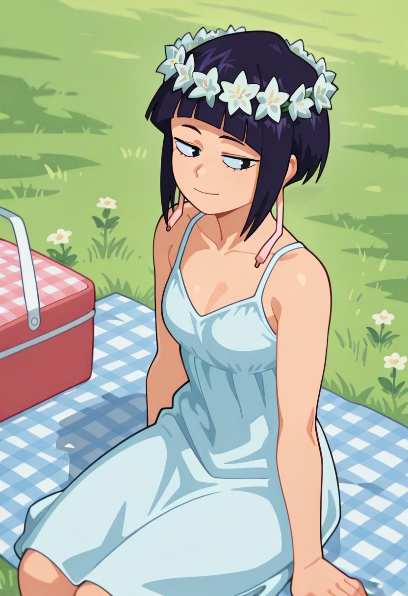 suoiresnu
1girl, solo, (illujiro, short hair, bangs, long earlobes, purple hair, black hair, black eyes, small breasts, light blue summer dress. sitting on grass, flower wreath, soft smile )
,
masterpiece, best quality, very aesthetic, highres, absurdres, outdoors, park, picnic
