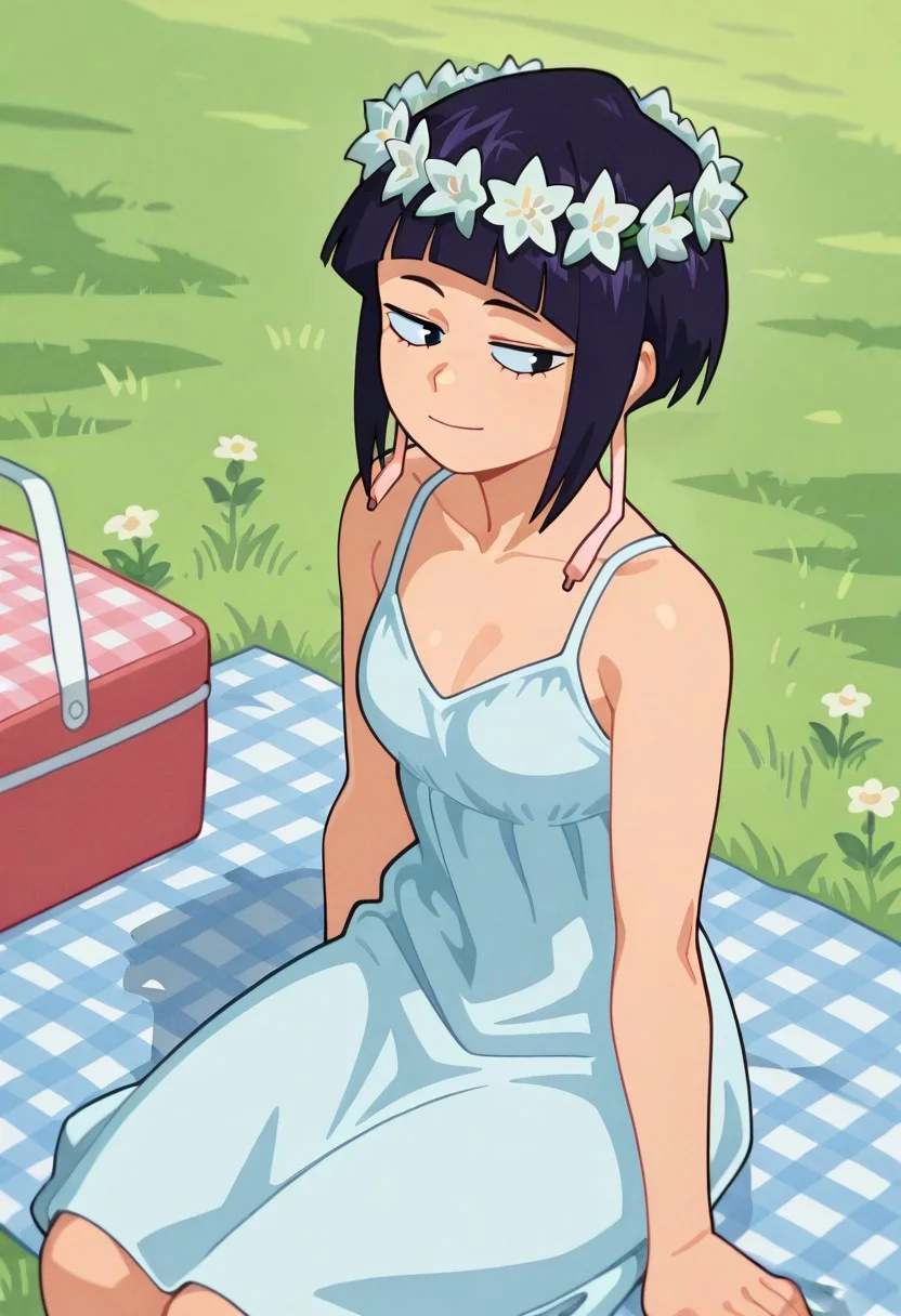 suoiresnu
1girl, solo, (illujiro, short hair, bangs, long earlobes, purple hair, black hair, black eyes, small breasts, light blue summer dress. sitting on grass, flower wreath, soft smile )
,
masterpiece, best quality, very aesthetic, highres, absurdres, outdoors, park, picnic