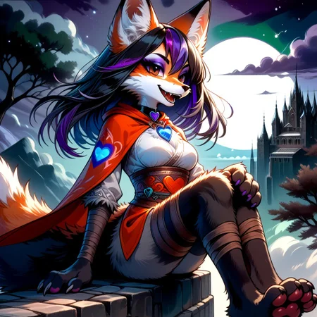 score_9, score_8_up, score_7_up, score_6_up, score_5_up, score_4_up, sfxm, csdb, castle background, stone bridge, bright moon, dark colorful cloudy skies, anthro, female furry, fox, fox tail, fox ears, body fur, fluffy, (paws:1.6), small claws, moon, trees, sitting, tunic, cape, scarf, heart-shaped pendant, leg wrap, bandages, bright red eyes, open mouth, smile, fangs, teeth, (eyeshadow:1.6), (black hair, (violet highlights:1.5)), (medium breasts:2)