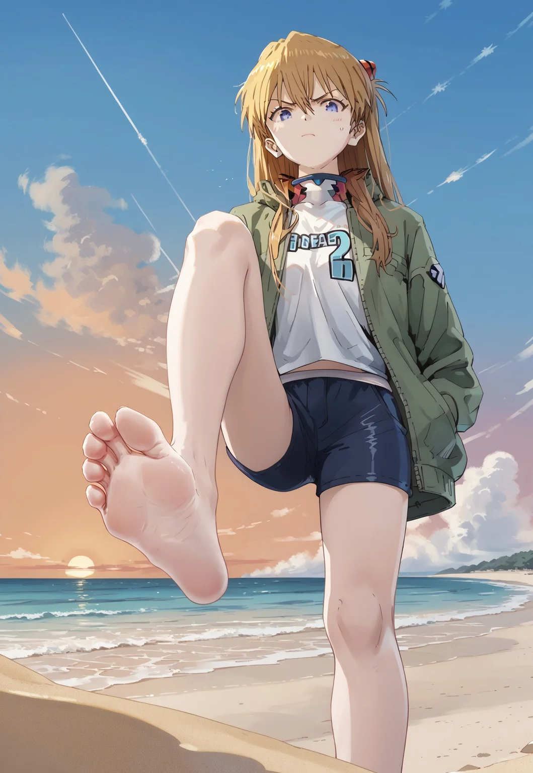 score_9, score_8_up, score_7_up, score_6_up, BREAK,sunset, beach, sand,portrait of asklng1, 1girl,long hair,blue eyes,angry<lora:Smooth Anime Style LoRA XL:1>green jacket,full body, standing, from below, barefoot, soles, foot up, foreshortening