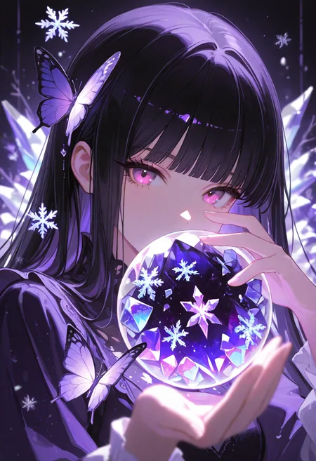 (Theme: Draconic Crystals). masterpiece, newest,absurdres,incredibly absurdres,1girl, solo, bug, butterfly, bangs, black hair, looking at viewer, long hair, blunt bangs, covered mouth, purple eyes, purple theme, eyelashes, flower, pink eyes, snowflakes look like crystals, 
dark_theme,abstract background, 
depth of field,white sphere on the background <lora:DetailedEyes_V3:1>