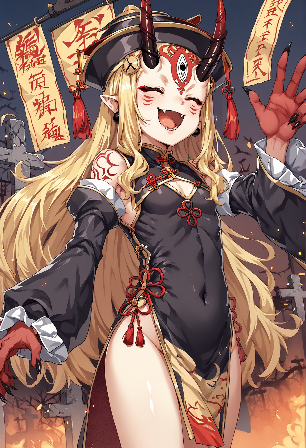 1girl, long hair, blonde hair, sidelocks, yellow eyes, pointy ears, facial mark, tattoo, forehead mark, oni, horns, sharp fingernails, jiangshi, jiangshi costume, side slit, chinese clothes, long sleeves, detached sleeves, hat, talisman, fang, smile, closed eyes, graveyard <lora:Ibaraki_Douji_XL:1>, score_9, score_8_up, score_7_up, score_6_up, score_5_up, score_4_up, BREAK source_anime, masterpiece