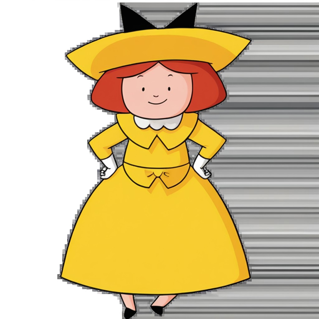 1girl, solo, Madeline, yellow hat with a black hair bow, white gloves, red hair, smile, full body, princess make up, Very long large floor length wide straight yellow tulle long sleeved ball gown hoop skirt, ball gown hoop skirt, yellow princess dress, hoopdress, white pearl necklace, long elbow length princess gloves, my big princess gypsy wedding dress, ballgown, a girl in a dress posing like a princess for a picture, looking at viewer, pretty eyes, she is posing, hands on hips, closed mouth, closed eyes,