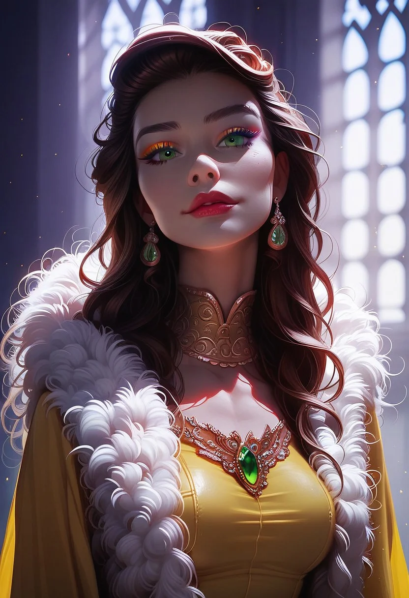 score_9, score_8_up, score_7_up, solo, 1girl, 24 y.o, Belle Princess, cinematic, Depth of field, bokeh, best_quality, cinematic, light particles, highly_detailed, very_aesthetic, beautiful_and_aesthetic, top_quality, hyperrealistic, photorealistic, 8K, ultra detail, curves, sexy, body shaper, yellow dress, Ball dress, afterglow expression, bioluminescent details, wearing a feather boa, slender waist, carrying light eyebrow gel with gloss cream lipstick, stylish brown bun hair, long hair, colored eyeliner, green eyes, face focus,
