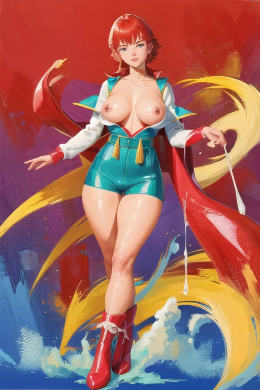 masterpiece, best quality,tomonorikogawa,<lora:TomonoriKogawa:1>,1980s (style),science fiction,painting (medium), ((large breasts)), thick thighs, wet clothes, puffy nipples
