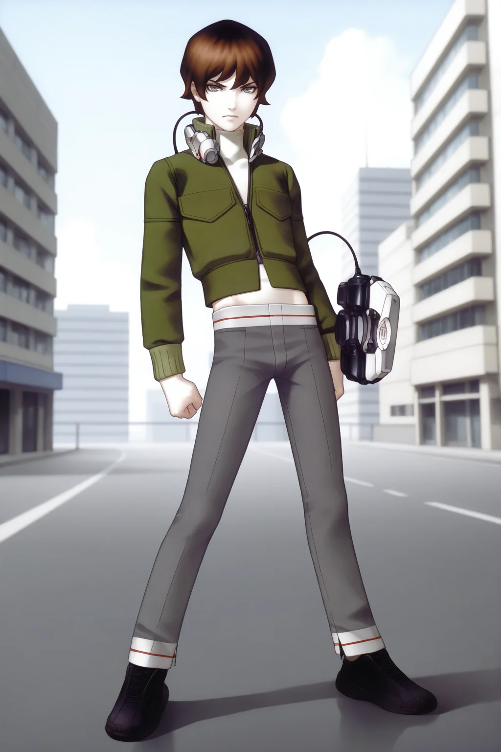 masterpiece,best quality,amazing quality, SMTHER1, 1boy, male focus, brown hair, short hair, grey eyes, white turtleneck shirt, green jacket, stripe trimmed pants, grey pants, black shoes, aged up, collar-mounted device, wrist terminal, mature eyes, skinny, action pose, corporate building background, outdoors, serious, looking at viewer