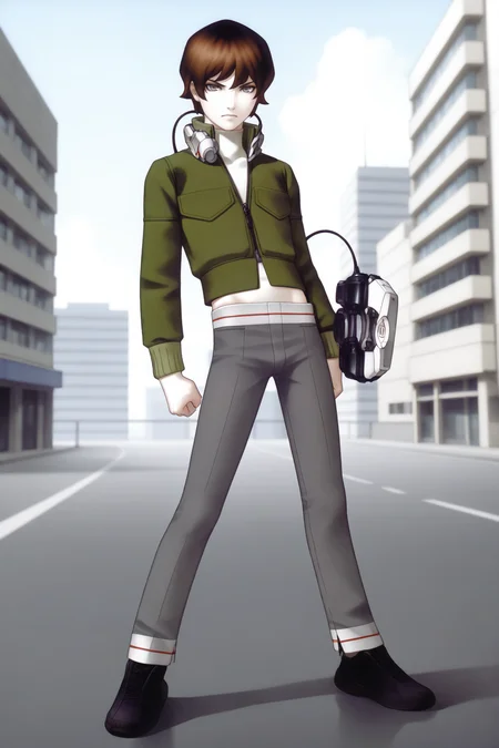 masterpiece,best quality,amazing quality, SMTHER1, 1boy, male focus, brown hair, short hair, grey eyes, white turtleneck shirt, green jacket, stripe trimmed pants, grey pants, black shoes, aged up, collar-mounted device, wrist terminal, mature eyes, skinny, action pose, corporate building background, outdoors, serious, looking at viewer