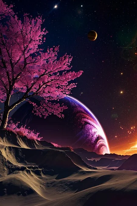 Planet surface landscape, background mountains, glowing, plants, sci-fi, fantasy, space art, galaxy background, tree on planet, cherry blossoms, sakura flowers, shooting stars, dynamic angles, intricate details, film grain, accent lighting, soft volumetric light, shallow depth of field , cinematography, realistic, SyFyEye1.
3D
