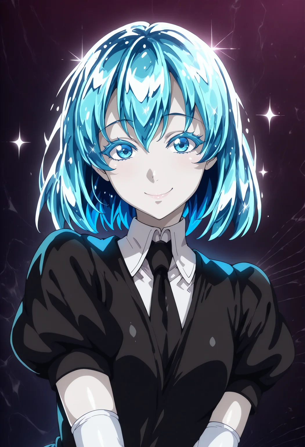 masterpiece, best quality, anime coloring, shiny skin, <lora:antechinusStyle_illusXL_Incrs_v2-000016:1>, upper body, looking at viewer, smile, diamond (houseki no kuni), white skin, crystal hair, colored eyelashes, multicolored hair, short hair, black shirt, puffy short sleeves, collared shirt, black necktie, elbow gloves, white gloves, abstract background, dark background, shiny, sparkle