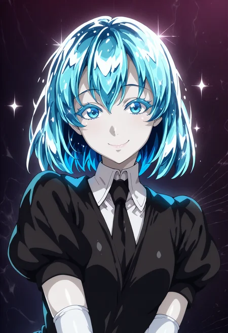 masterpiece, best quality, anime coloring, shiny skin, <lora:antechinusStyle_illusXL_Incrs_v2-000016:1>, upper body, looking at viewer, smile, diamond (houseki no kuni), white skin, crystal hair, colored eyelashes, multicolored hair, short hair, black shirt, puffy short sleeves, collared shirt, black necktie, elbow gloves, white gloves, abstract background, dark background, shiny, sparkle