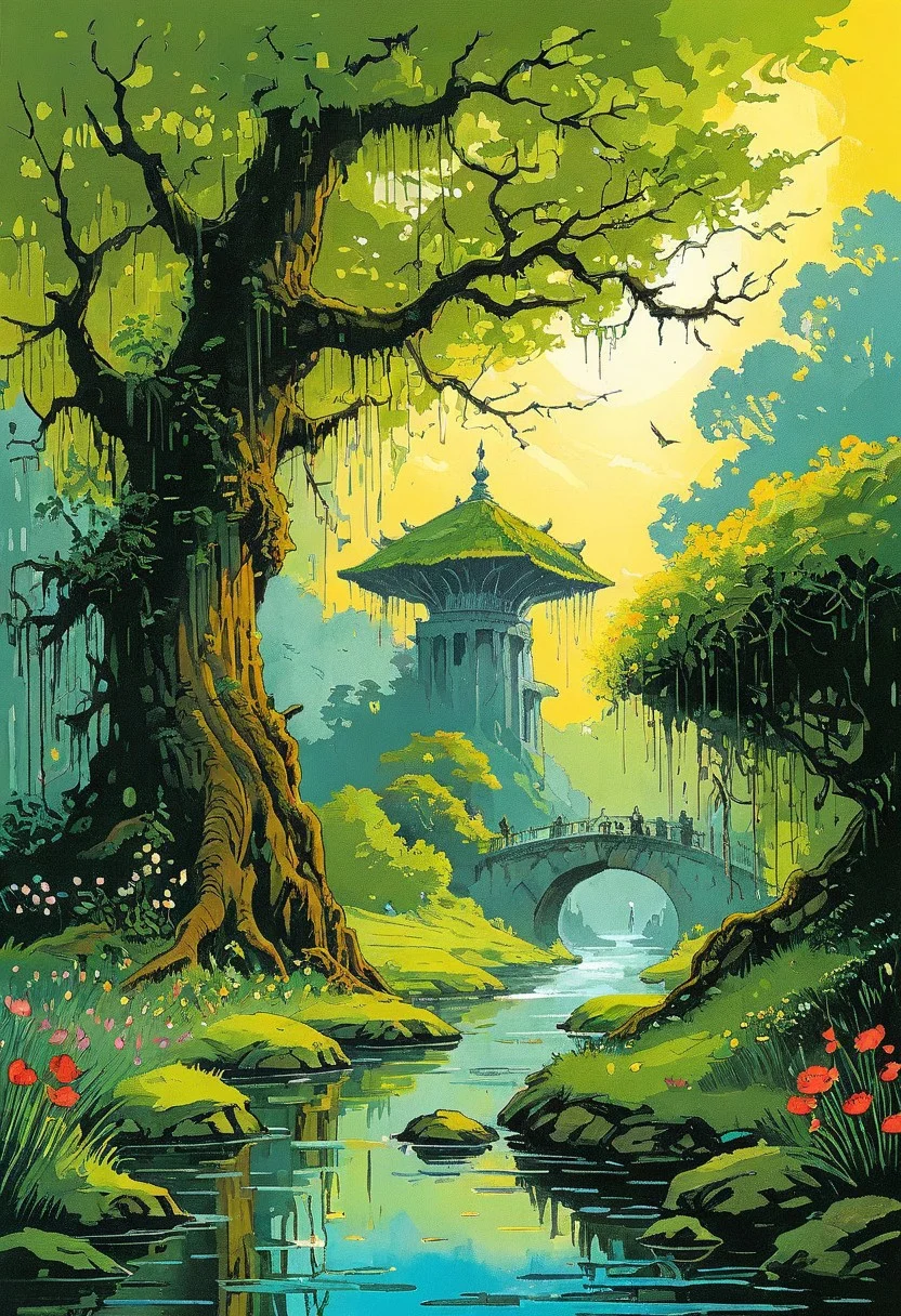 <lora:kallmekris:0.5> kallmekris mixed with <lora:esme_sdxl:0.5> esme , fantasy, fantasy art, A mystical forest filled with ancient trees, glowing flowers, and ethereal creatures like fairies and talking animals. animals, fairies, magical creatures, fantastic beasts, The atmosphere is both enchanting and eerie, with shadows of lurking dangers. In the center, a gateway to different realms. Bengali landscape, Indian landscape,, i oil painting, palette knife soft brushstrokes, heavy strokes, dripping paint, art station on trend, sharp focus, intricate details, highly detailed ,art by enki bilal, art by philippe druillet, art by moebius, inspired by french comics art ,art by Jakub Rozalski,