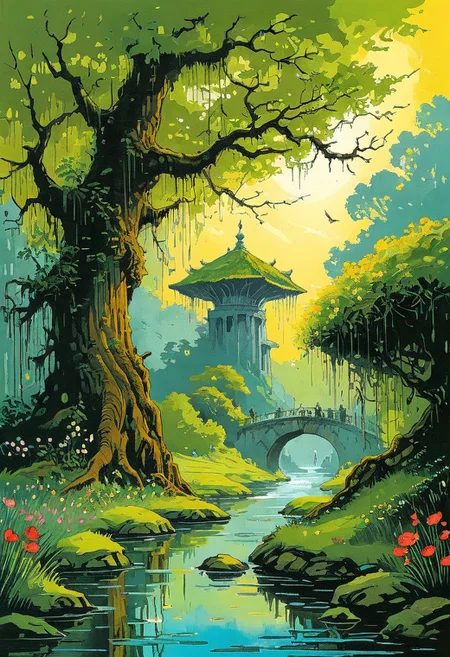 <lora:kallmekris:0.5> kallmekris mixed with <lora:esme_sdxl:0.5> esme , fantasy, fantasy art, A mystical forest filled with ancient trees, glowing flowers, and ethereal creatures like fairies and talking animals. animals, fairies, magical creatures, fantastic beasts, The atmosphere is both enchanting and eerie, with shadows of lurking dangers. In the center, a gateway to different realms. Bengali landscape, Indian landscape,, i oil painting, palette knife soft brushstrokes, heavy strokes, dripping paint, art station on trend, sharp focus, intricate details, highly detailed ,art by enki bilal, art by philippe druillet, art by moebius, inspired by french comics art ,art by Jakub Rozalski,