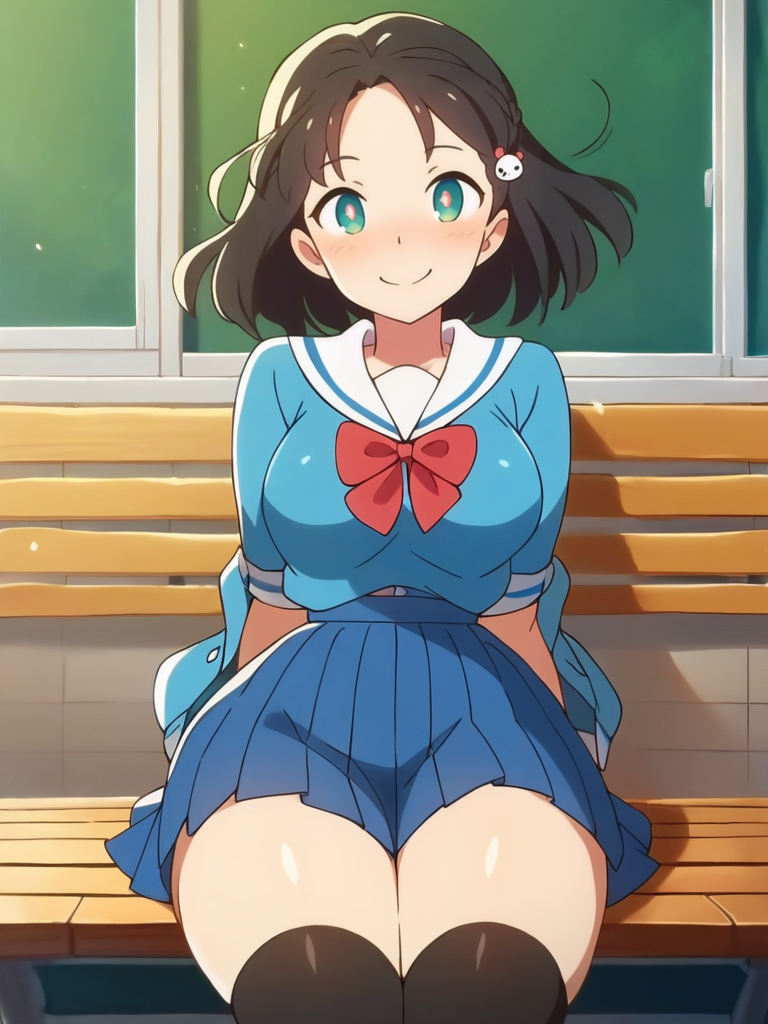 score_9, score_8_up, score_7_up, girl sitting in a bench, hands on thighs, long black hair, school uniform, skirt, black thighhighs, cute hair ornament, bright pupils, blush, medium breasts, narrow waist, wide hips, thick thighs, looking at viewer, cowboy shot, dynamic pose, cute, wide shot, solo, sexually suggestive, light smile, 
 <lora:StudioColorido_Style:1>StudioColorido,