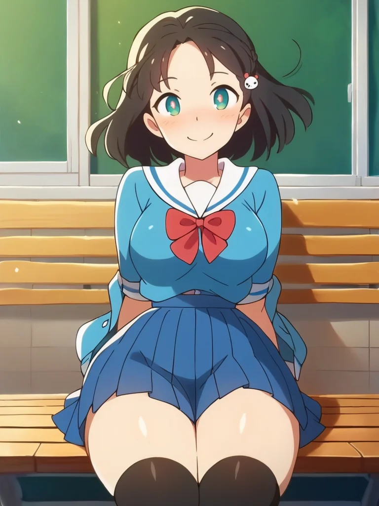 score_9, score_8_up, score_7_up, girl sitting in a bench, hands on thighs, long black hair, school uniform, skirt, black thighhighs, cute hair ornament, bright pupils, blush, medium breasts, narrow waist, wide hips, thick thighs, looking at viewer, cowboy shot, dynamic pose, cute, wide shot, solo, sexually suggestive, light smile,
<lora:StudioColorido_Style:1>StudioColorido,