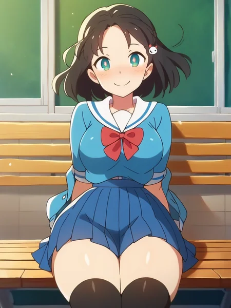 score_9, score_8_up, score_7_up, girl sitting in a bench, hands on thighs, long black hair, school uniform, skirt, black thighhighs, cute hair ornament, bright pupils, blush, medium breasts, narrow waist, wide hips, thick thighs, looking at viewer, cowboy shot, dynamic pose, cute, wide shot, solo, sexually suggestive, light smile,
<lora:StudioColorido_Style:1>StudioColorido,