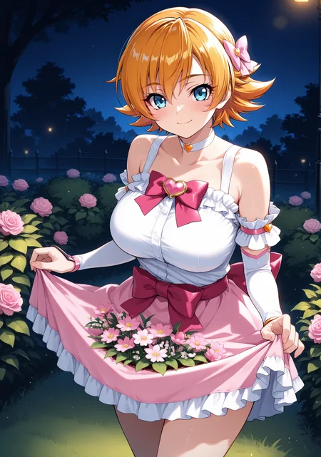 masterpiece, best quality, 1girl, solo, Igawa Sakura, orange hair, short hair, flipped hair, (magical girl), choker, frills, bare shoulders, pink skirt, bow, hair bow, waist bow, outdoors, garden, night, bush, skirt basket, skirt hold, blue eyes, heart brooch, detached sleeves, grass, flower, pink flower, dark theme, dim lighting, dark background, backlighting, looking at viewer, (flower), blush, closed mouth, smile