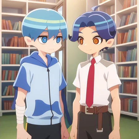 score_9,score_8_up,score_7_up,score_6_up,score_5_up,score_4_up,toshi hatano,rimiya tsukishiro,multiple boys,2boys,necktie,male focus,bookshelf,bandages,shirt,smile,bandaged arm,belt,hood,looking at another,brown belt,pants,zipper pull tab,book,white collared shirt,black pants,library,closed mouth,indoors,hoodie,zipper,clenched hands,expressionless,ringed eyes,cowboy shot,standing,arms at sides,brown pants,anime screenshot,<lora:Myth_of_Emotions_V1-1:1>,