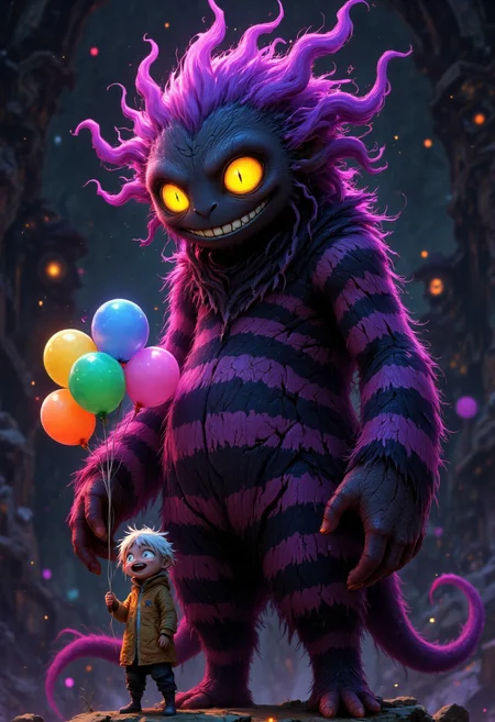 CreepyCuteMagic, aidmafluxpro1.1,  A gigantic, cuddly black and purple striped monster, with a gentle smile, towering over a small child holding a bunch of vibrant balloons, set against a dramatic, dark fantasy backdrop with dynamic lighting that accentuates the monster's fluffy texture, and the child's joyous expression. The atmosphere is enhanced by deep, rich colors, and volumetric lighting, evoking a sense of depth and wonder. The composition is balanced by the use of purple and yellow complementary colors, creating a visually striking contrast, with the softness of the monster's fur and the child's balloons, juxtaposed with the darker, mystical environment, all rendered in exquisite 8k resolution detail.