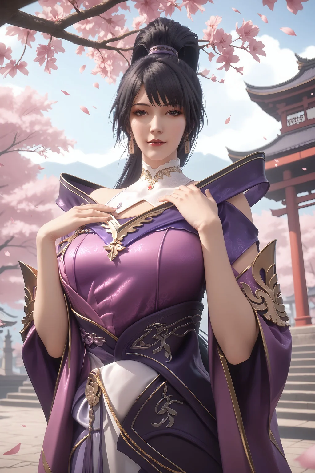 score_9, score_8_up, score_8, source_real,real skin, rating_explicit, mature female, ExpresiveH, best quality, unreal engine,game,cg, very aesthetic, CG, masterpiece, ultra high res, highres, More Details, high rating,Intricate and refined delicate details, looking at viewer,
<lora:age_slider_v4:4>,
<lora:moyuxin:1>, 1girl, solo, ponytail, upper body, purple dress, jewelry, black hair, long hair, dress, earrings, east asian architecture, Cherry blossom, tree, hand on own chest,