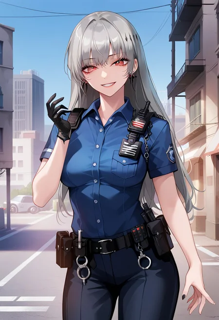 score_9_up, score_8_up, score_7_up, extreamly detailed, beautiful detailed face, complex detailed background, completely clothes, BREAK, 1girl, COQUELIC (PATH TO NOWHERE), ong hair, breasts, looking at viewer, smile, bangs, shirt, hair ornament, red eyes, gloves, holding, jewelry, standing, weapon, short sleeves, grey hair, cowboy shot, earrings, outdoors, teeth, black gloves, collared shirt, belt, pants, holding weapon, uniform, gun, black pants, blue shirt, building, holding gun, handgun, single glove, cuffs, black belt, car, handcuffs, police, police uniform, policewoman, walkie-talkie
