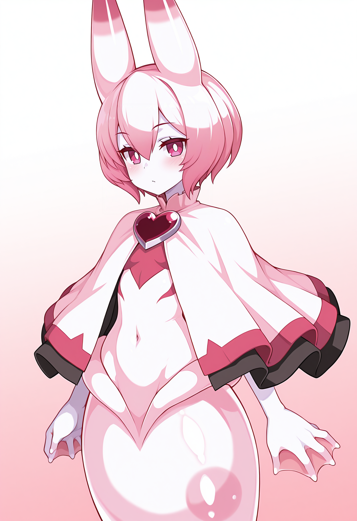highres, best quality, masterpiece, gradient background, 
1girl, solo, msdd2ssgl, monster girl, colored skin, white skin, pink skin, animal ears, pink hair, short hair, white pupils, pink eyes,
capelet, heart brooch, two-sided fabric, webbed hands,
blush, looking at viewer,
arms at sides, dutch angle, orb,
<lora:_sea_angel_disgaea_d2-elesico-ilxlA:1>