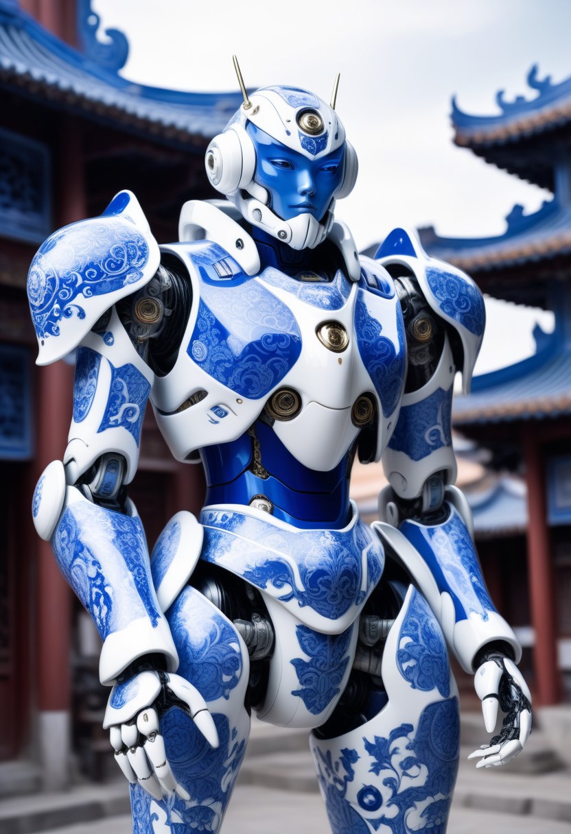porcelain cyborg mecha in Bluepatternporcelain, detailed calligraphy ornament, 
Chinese town background,
cinematic, ultra realistic, film grain, professional photoshoot,