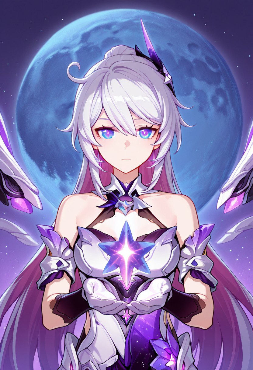 1girl, kiana kaslana, honkai impact 3rd, herrscher of finality, moon shining behind, holding a glowing purple star