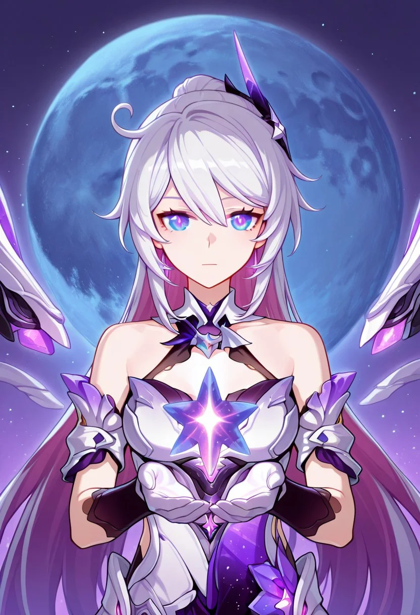 1girl, kiana kaslana, honkai impact 3rd, herrscher of finality, moon shining behind, holding a glowing purple star