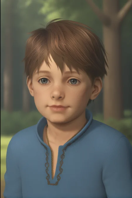 realistic, 1boy, hugo de rune, child male, grey eyes, short hair, skinny, shorty, brown hair, shy smile, forest, cowboy shot,   <lora:hugo_rune_pony:1>
