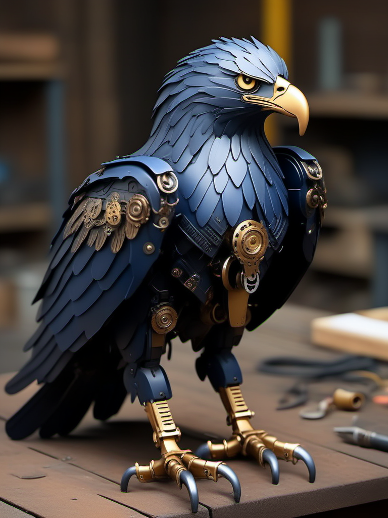jixie,This is a mechanized eagle with a cyberpunk style. The eagle's body is composed of golden gears and mechanical parts, endowing it with a steampunk aesthetic style. Its feathers are presented by layered metal sheets, and the eyes are made to resemble the gaze of a real bird. The main body colors of the eagle are dark blue and gold. The background indicates that this work is located in a workshop environment. Tools and workbenches can be seen in the blurred background. The focus is on the craftsmanship and attention to detail in the depiction of the eagle, fusing organic forms with industrial elements<lora:ä»¿çæºæ¢°V1:0.7>,