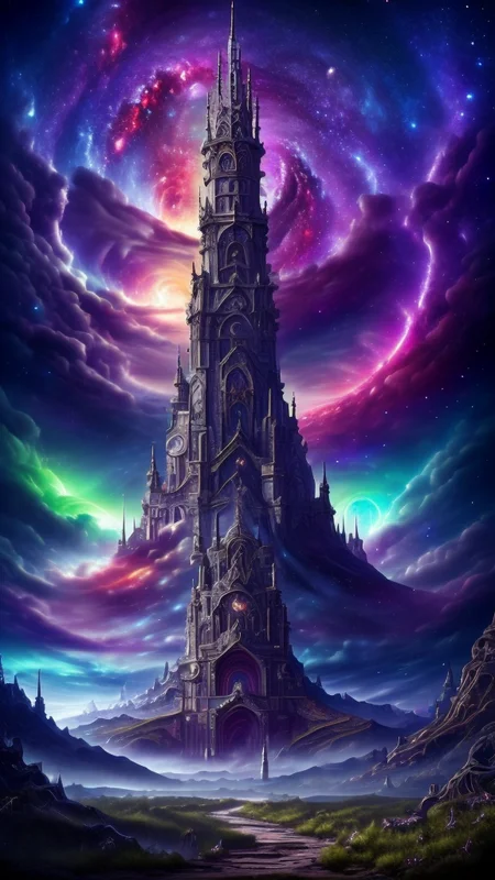Space-themed, 
Gothic style, 
Masterwork Painting, Magnum Opus, 
 <lora:Wizard_Tower:0.75> witow, castle, cloud, cloudy sky, grass, no humans, scenery, sky, tower, tree, 
<lora:Fantasy_Mountains:0.75> fanmou, footprints, forest, grass, nature, no humans, outdoors, sky ,
  highres, 8k, uhd, High Dynamic Range, tonemapping, crisp details,  intricate details, fine details,
. Dark, mysterious, haunting, dramatic, ornate, detailed,
. Cosmic, celestial, stars, galaxies, nebulas, planets, science fiction, highly detailed