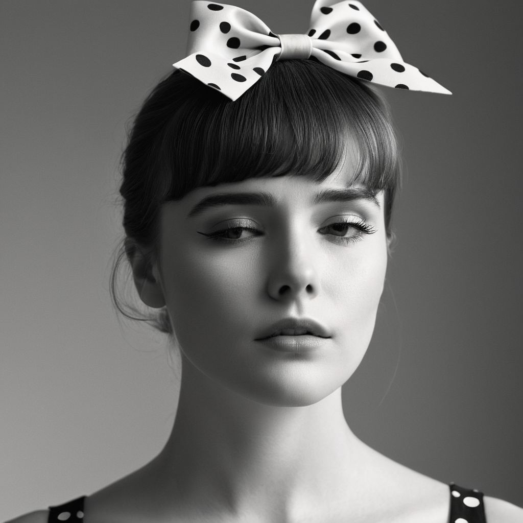 cinematic film still of  <lora:High-key lighting Style:1>
bright light, bright, a woman with a hair clip on her head looking down High-key lighting Style,1girl,solo,short hair,bangs,simple background,white background,bow,closed mouth,monochrome,closed eyes,hair bow,greyscale,hair over one eye,lips,portrait,realistic,nose,polka dot bow, shallow depth of field, vignette, highly detailed, high budget, bokeh, cinemascope, moody, epic, gorgeous, film grain, grainy