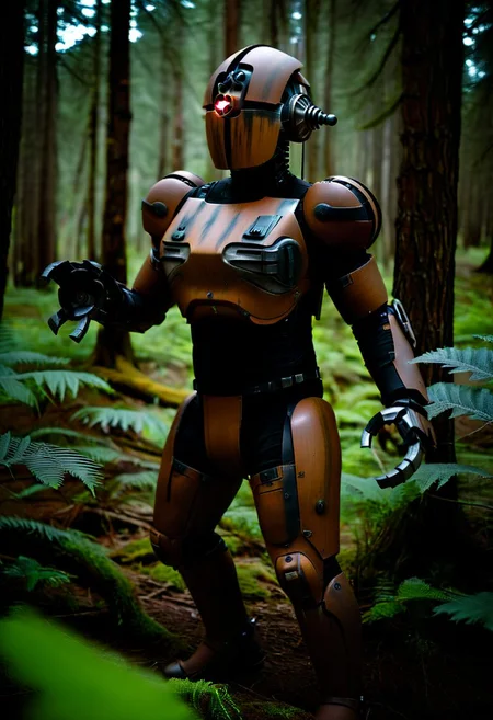 easynegative, extremely detailed, dark, chiaroscuro, low-key, AssaultronCosplay, zavy-strps, a brown assaultron robot, ((the assaultron has black stripes painted on its armor)), ((tiger stripe pattern)), in the forests of Oregon