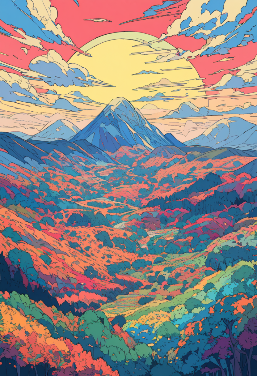 (best quality), fractal art, fauvism, ligne claire, landscape, scenery, flora, mountain, cloud, flying school of fish,