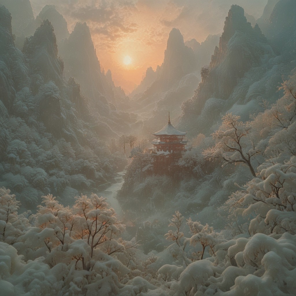 psychodelic scenic japan night landscape, novuschroma73 style, sakura garden, (((winter))), snow, frost, frozen, ice, mountains, lake, perfect composition, sunlight, golden hour, haze, low angle, masterpiece, award winning,, ultra detailed, highly detailed, 8k, uhd, Style-Japan, vivid colours, luminous