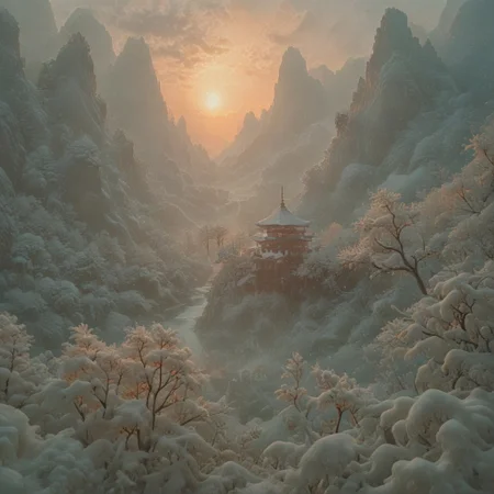 psychodelic scenic japan night landscape, novuschroma73 style, sakura garden, (((winter))), snow, frost, frozen, ice, mountains, lake, perfect composition, sunlight, golden hour, haze, low angle, masterpiece, award winning,, ultra detailed, highly detailed, 8k, uhd, Style-Japan, vivid colours, luminous