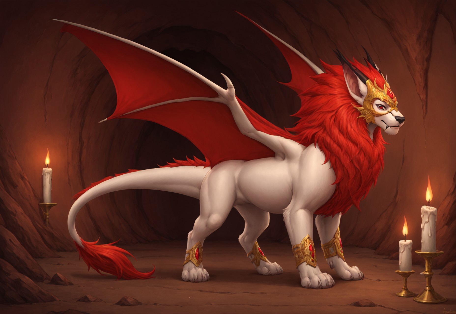 reallynxgirl_style, solo, feral, full body, rosard, furry dragon, white body, white lion head, golden mask on face, red eyes, black nose, black bridge of nose, ((bat black ears)), (((long ears))), ((red mane)), red webbed wings, long white dragon tail with red tassel, gold bracelets on paws, dark cave, candles, detailed background