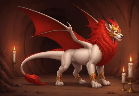 reallynxgirl_style, solo, feral, full body, rosard, furry dragon, white body, white lion head, golden mask on face, red eyes, black nose, black bridge of nose, ((bat black ears)), (((long ears))), ((red mane)), red webbed wings, long white dragon tail with red tassel, gold bracelets on paws, dark cave, candles, detailed background