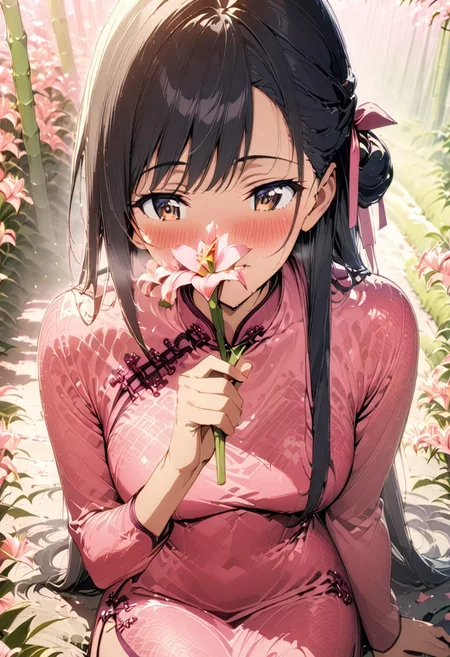 gorgeous lips, cinematic, (masterpiece), (best quality), (ultra-detailed), very aesthetic, illustration, perfect composition, intricate details, absurdres, detailed face, (anime, masterpiece, intricate:1.3), (best quality, hires textures, high detail:1.2), from the front, outdoors
BREAK, a anime girl with very long black hair, straight hair styled in a half up do, Chinese bamboo forest, 1girl, solo, side swept bangs, medium breasts, long hair, black hair, pink long flowing silk cheongsam, long sleeves, white slippers, necklace, hair ribbon, white hair ribbon, smiling, hair blowing in the wind, cheongsam blowing in the wind, blush, full shot, collarbone, plants, brown eyes, perfect eyes, beautiful cherry blossom trees in the background, morning time, cherry blossom season, chilly weather, breath fog, cherry blossom petals in the wind, windy weather, dolly shot,
BREAK,( Holding a pink lilly flower, smelling the flower,:1.4) happy mood, sitting on a rock surrounded by pink lillies, pink flowers cover the ground, soft lighting