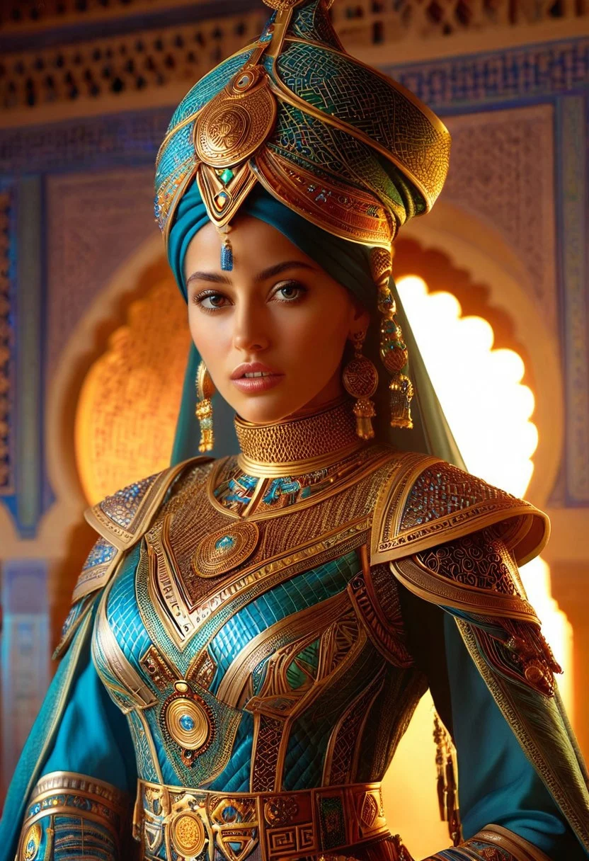 A hyper-realistic depiction of a single woman, focusing on her upper body, adorned in intricate, futuristic fantasy clothing that amalgamates the rich cultural heritage of Morocco and Tunisia, set against a backdrop that blends modern architectural elements with hints of ancient traditions, softly lit with a warm, golden light that accentuates the textures and patterns of her attire, in the style of a detailed digital painting, with a shallow depth of field that emphasizes her facial expression and the elaborate details of her garments.