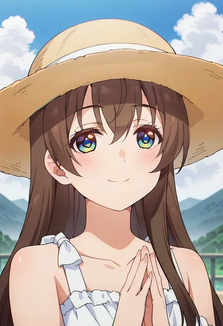 score_9, score_8_up, score_7_up, source_anime,fuuka sasaki, 1girl, solo, long hair, blush, smile, brown hair, hat, dress, hair between eyes, bare shoulders, closed mouth, collarbone, upper body, outdoors, sky, day, cloud, white dress, own hands together, facing viewer, sun hat, straw hat