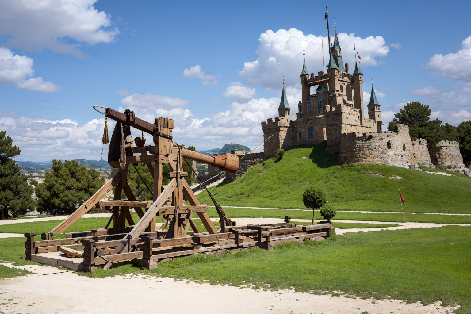 (masterpiece, best quality:1.2), ultra-detailed, Trebuchet in front of castle, (realistic:1.5),  <lora:EdobMedievalCatapult_v1.0:0.8>