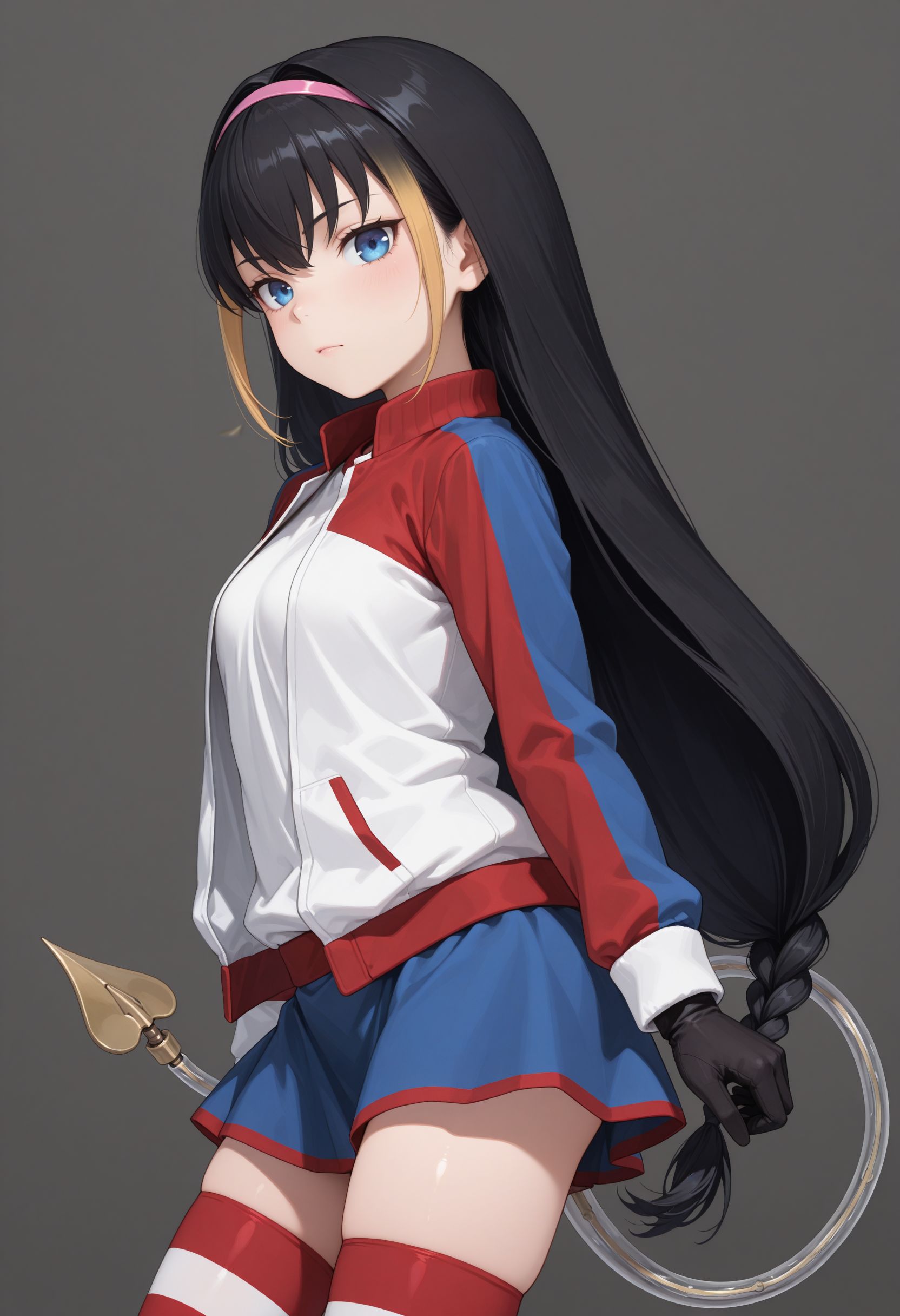 masterpiece, best quality, newest, solo, looking at viewer, 
   <lora:Lessar illu:1> 1girl, black hair, multicolored hair, two-tone hair, long hair, twin braids, braid, pink hairband, blue eyes, jacket, multicolored clothes, striped clothes, black gloves, blue skirt, striped thighhighs, zettai ryouiki, mechanical tail, demon tail