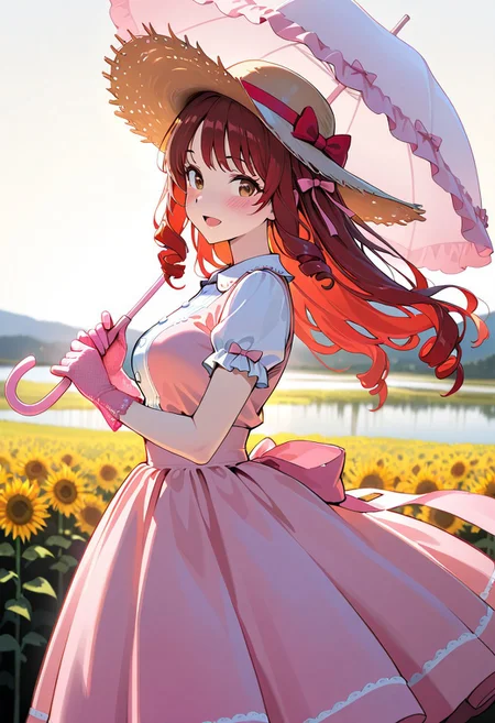masterpiece, best quality, amazing quality, girl, brown hair, perfect brown eyes, portrait shot, long hair, ringlets hair, bangs, medium breasts, perfect eyes, 8k, highest quality, ultra details,1girl, solo,
Southern Belle, pink hoop skirt dress, cinched waist, short sleeves, red hair bow, red hair ribbons, pink wide brim straw hat, medium breasts, pink silk gloves, holding a white parasol, blush, happy, slightly open mouth, hand touching lip, hair blowing in the wind, dress blowing in the wind, sunny day, summer season, sunflowers, walking near a lake, warm colors, warm lighting