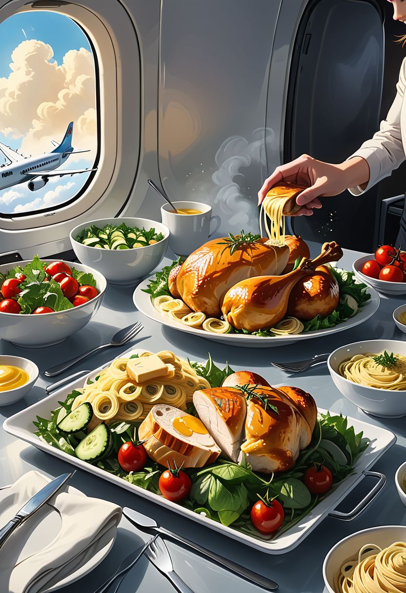 First person view A close-up of a tray of delicacies from the plane is visible on a passenger's table. A colorful variety of dishes awaits you - fresh salad with bright greens, juicy cherry tomatoes and crispy cucumbers; a main course of tender chicken or savory pasta, steaming temptingly; side dish of warm buns and butter. The aroma teases, promising a delightful culinary journey among the clouds.
 graphic style of novel comics, perfect hands, 2d,
8k, hyperrealism, masterpiece, high resolution, best quality, ultra-detailed, super realistic, Hyperrealistic art, high-quality, ultra high res, highest detailed, lot of details, Extremely high-resolution details, incredibly lifelike, colourful, soft cinematic light,
