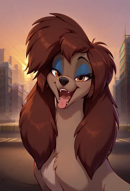 (aerozerorisk), score_9, score_8_up, score_7_up, front view, source_furry, source_cartoon, highly detailed macro illustration, intricate details, high resolution, sharp focus, best render quality, high res, explicit, (city, dock, harbor, sunset, detailed background), solo, BREAK 1girl, female, (rita_oliver, rita_saluki, feral, saluki, dog, canine female), beautiful, ((beautiful detailed eyes, brown gold eyes)), blue eyeshadow, close-up on face, bust shot, my little pony the movie, (Expressiveh, seductive look, bedroom eyes, smile, mouth open, teeth, tongue out), looking at viewer