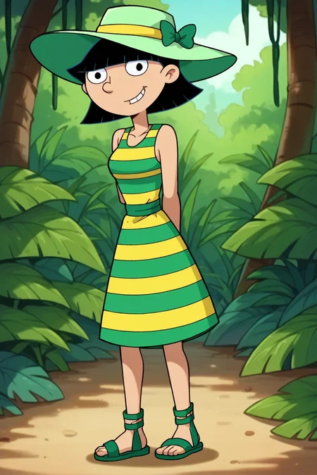 score_9_up,score_8_up,score_7_up,score_6_up,score_5_up,score_4_up BREAK rhonda, 1girl, yellow dress, black hair, smile, short hair, green sandals, striped, blunt bangs, navel, sleeveless, green sun hat, black eyes, green dress, official style,jungle, arms behind back, <lora:RhondaPony:1>