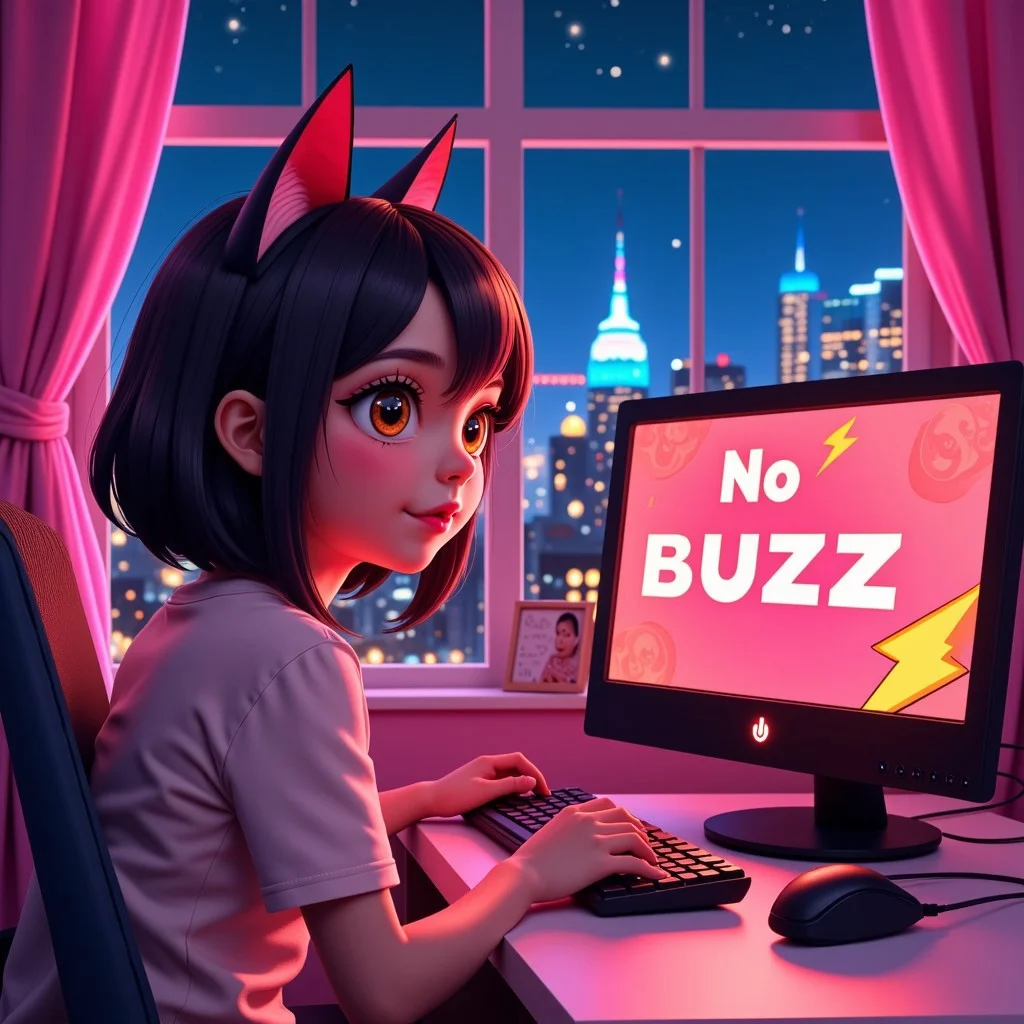 a very cute girl, cat ears, casual clothes, sitting in her pink room, windows open to a big city lit up at night. The girl is showing you a computer screen with red graphics facing down and saying "No BUZZ" and a yellow lightning bolt icon on the side of the screen.